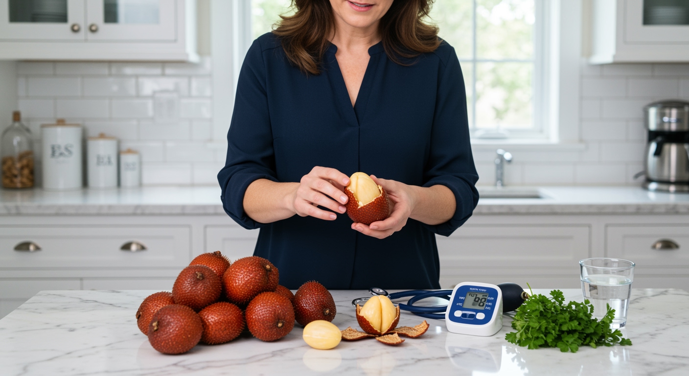 Middle-aged woman holding scaly salak fruit behind marble counter with blood pressure monitor and medical equipment visible