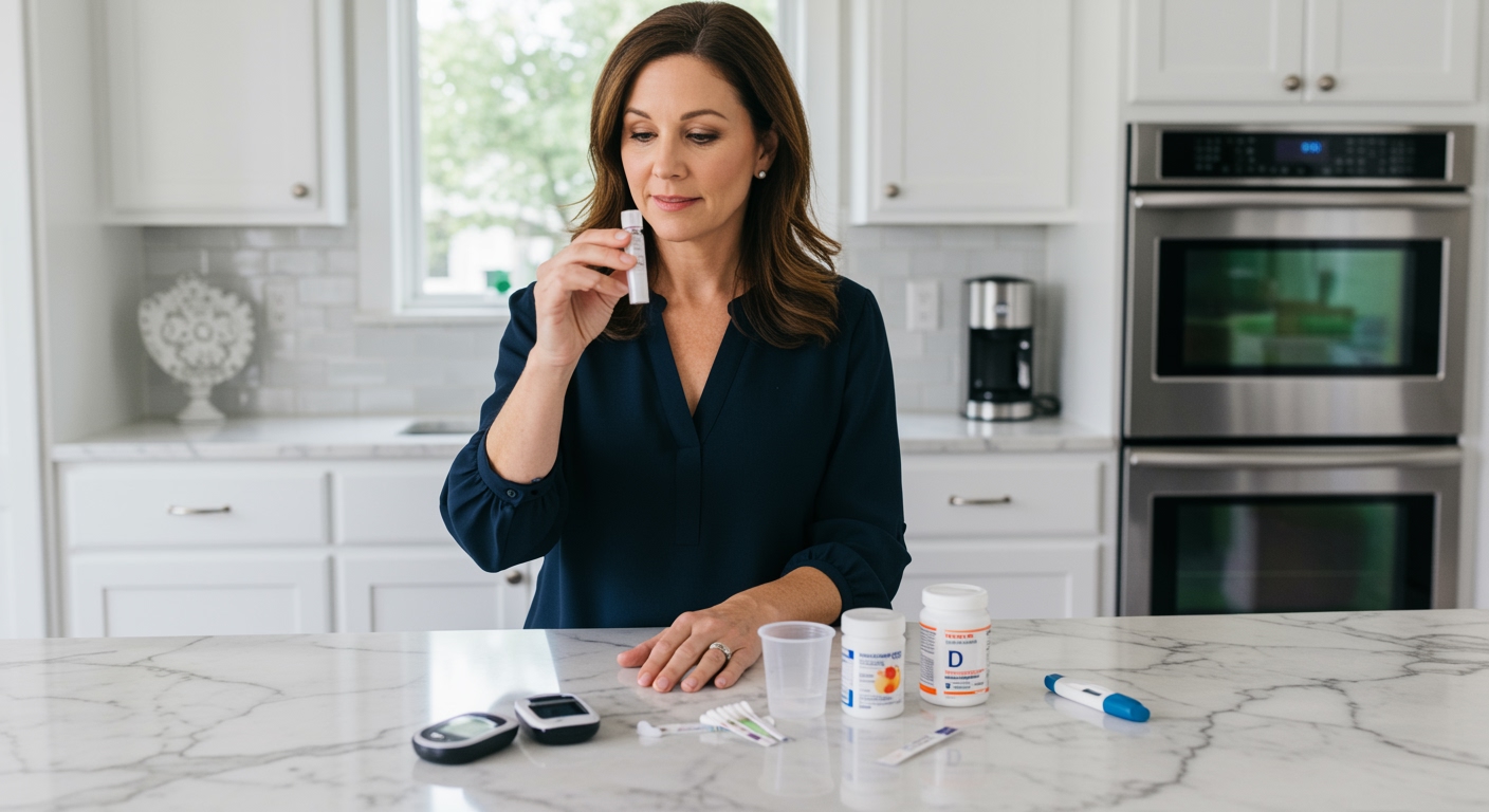 Woman holding saliva test vial in modern kitchen with medical testing equipment on white marble counter