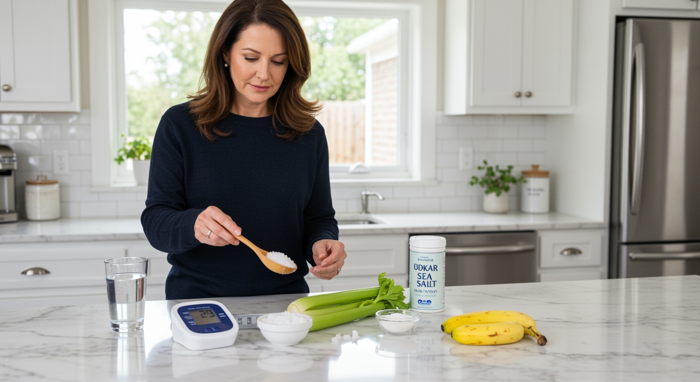 Woman holding wooden spoon with salt examining blood pressure monitor and healthy foods on white marble kitchen counter