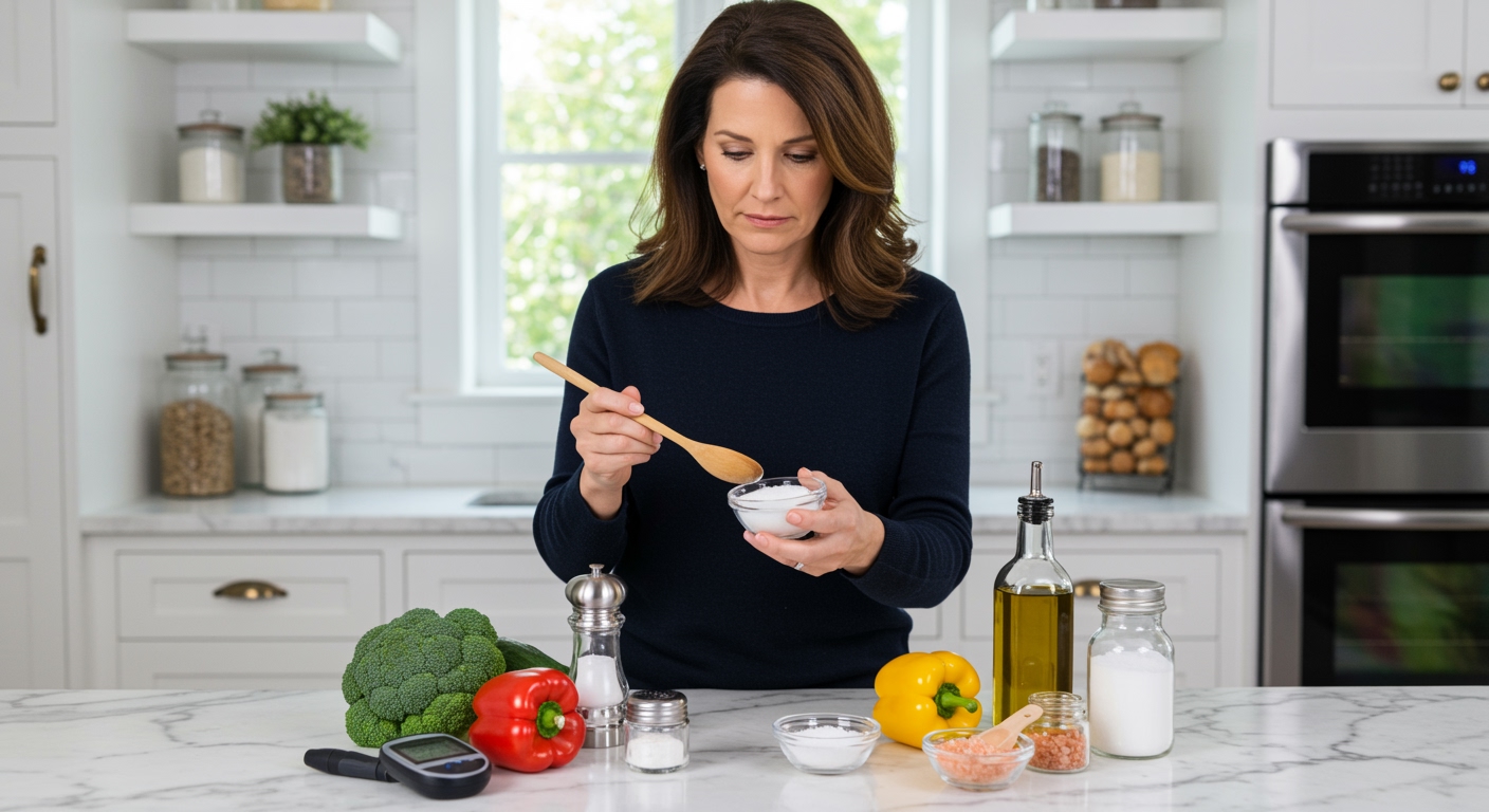Woman holding wooden spoon examining salt bowl on marble counter with blood glucose meter and fresh vegetables in modern kitchen