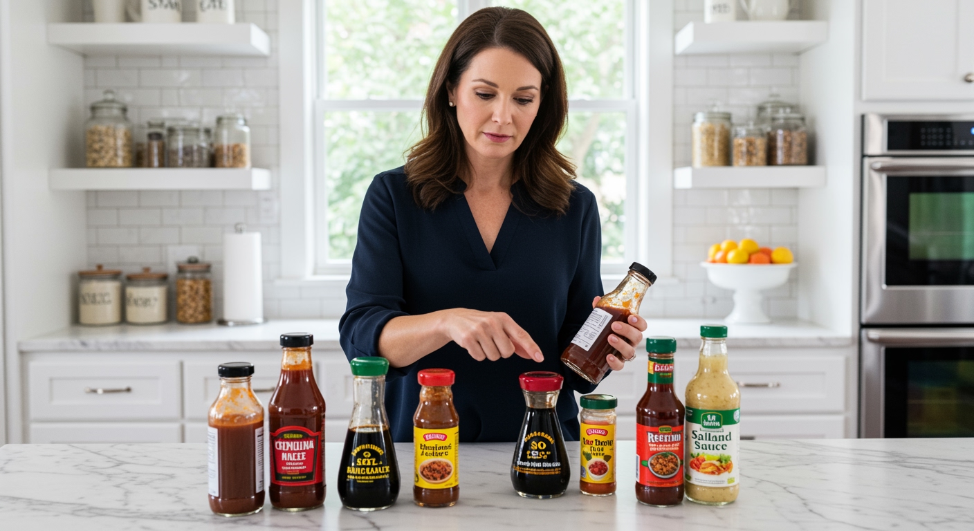 Middle-aged woman in dark blue blouse examining sauce bottles on white marble countertop in modern kitchen setting