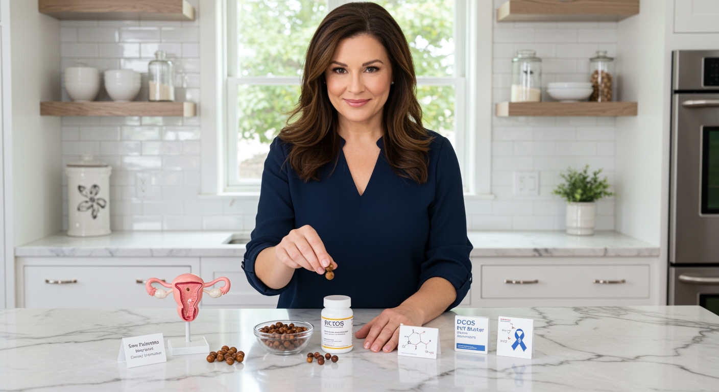 Woman arranging saw palmetto berries and PCOS-related educational items on white marble countertop in modern kitchen