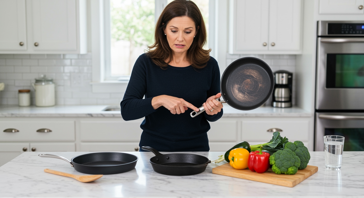 Woman holding damaged nonstick pan pointing at scratches with cooking alternatives on marble countertop in modern kitchen