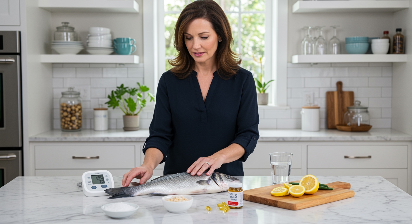 Woman standing behind marble counter examining fresh sea bass next to blood pressure monitor in bright modern kitchen