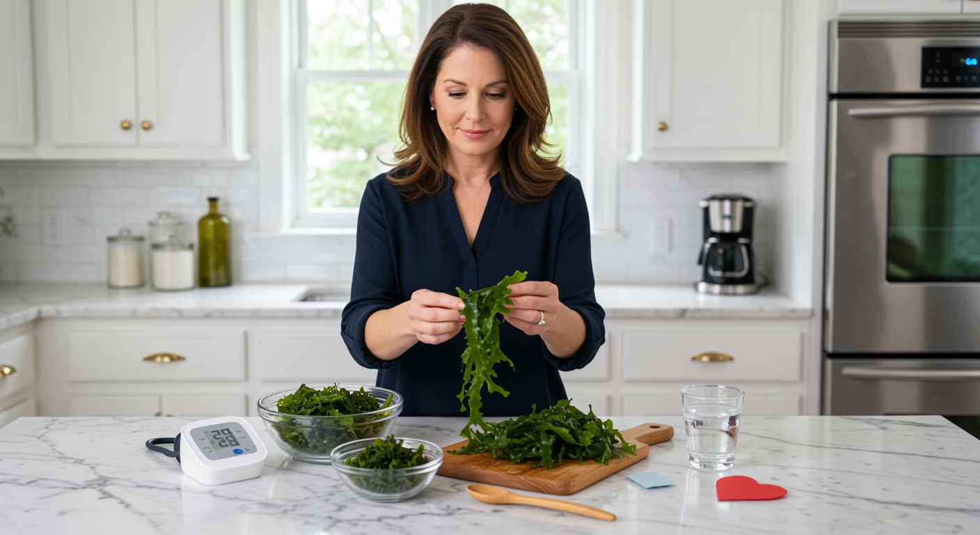 Woman examining sea lettuce seaweed on marble countertop with blood pressure monitor and heart symbol in modern kitchen
