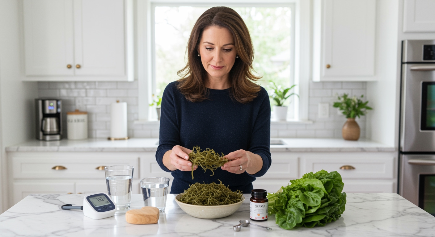 Middle-aged woman examining dried sea moss on marble counter with blood pressure monitor and health supplements visible