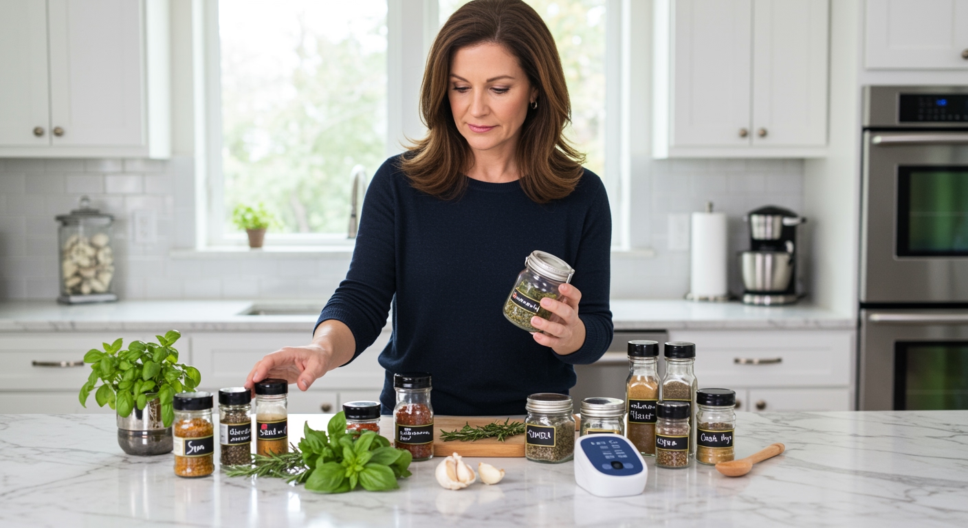 Middle-aged woman examining seasoning containers on marble countertop with blood pressure monitor and fresh herbs visible