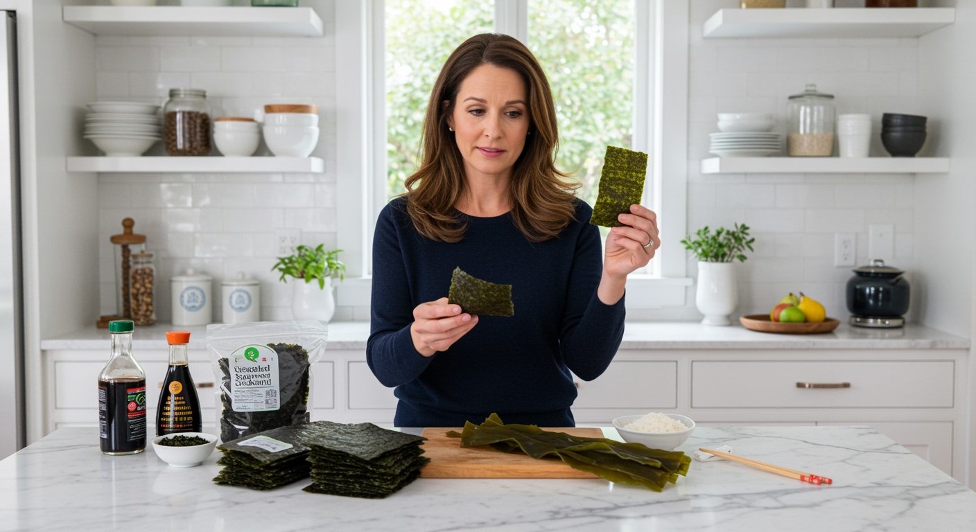 Woman holding dried seaweed while standing behind marble counter with various seaweed products in bright kitchen
