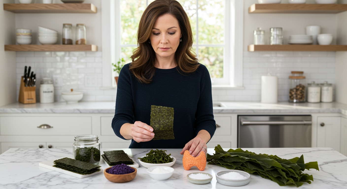 Woman holding nori seaweed examining various seaweed types and supplements on marble countertop in bright modern kitchen