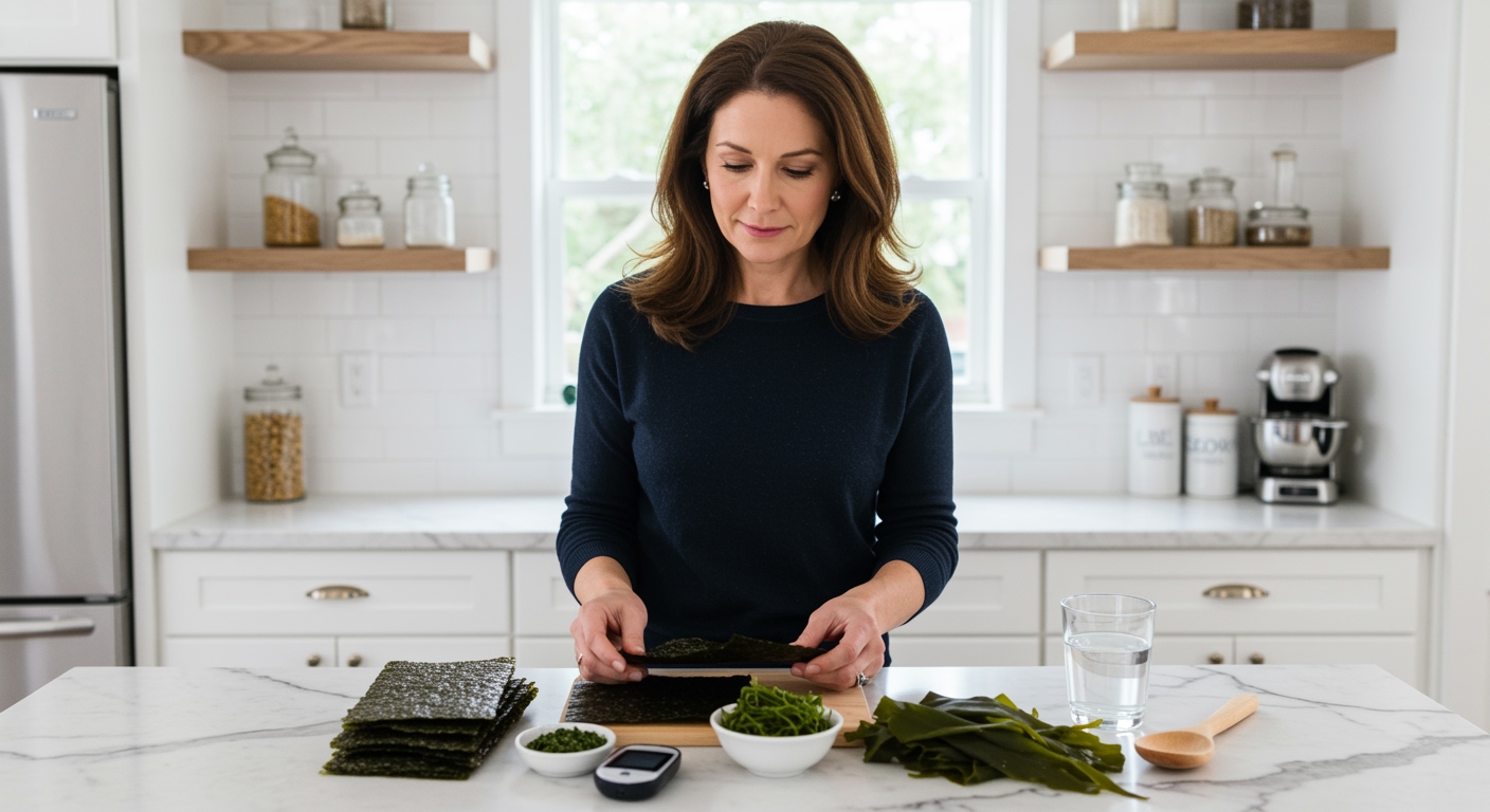 Woman examining dried seaweed sheets on marble countertop with glucose meter and seaweed varieties in modern kitchen
