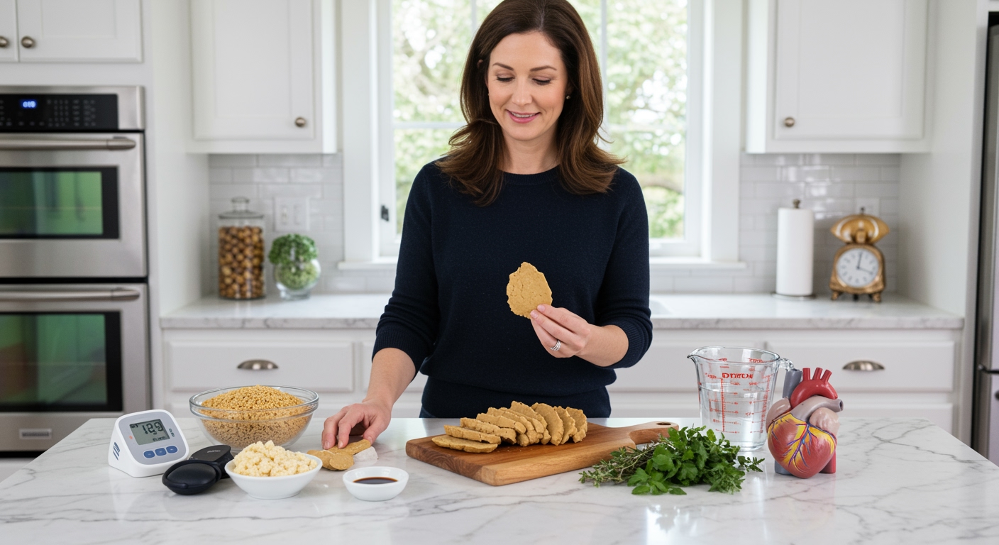 Woman holding seitan protein with blood pressure monitor and heart model on marble kitchen counter in bright modern setting