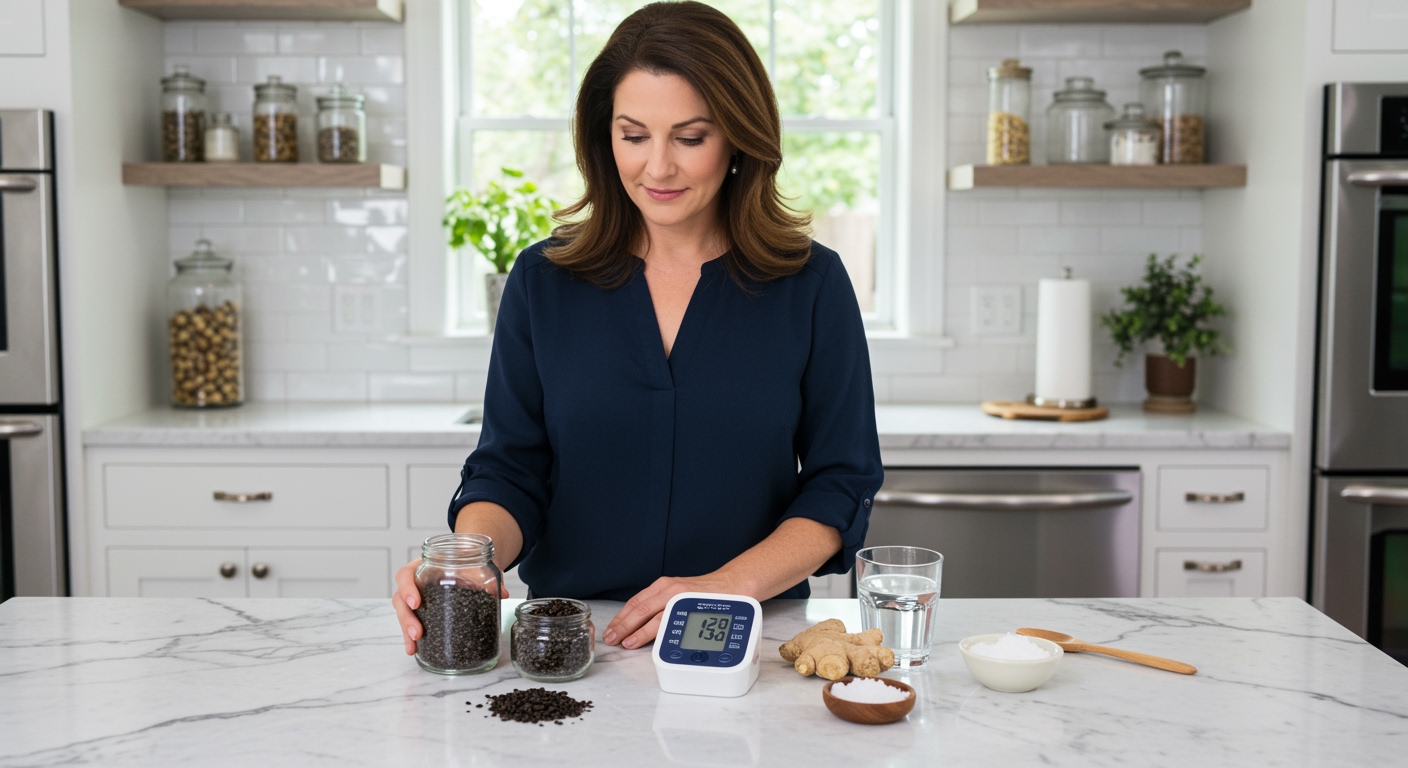 Middle-aged woman holding shilajit jar behind marble counter with blood pressure monitor and health items in bright kitchen