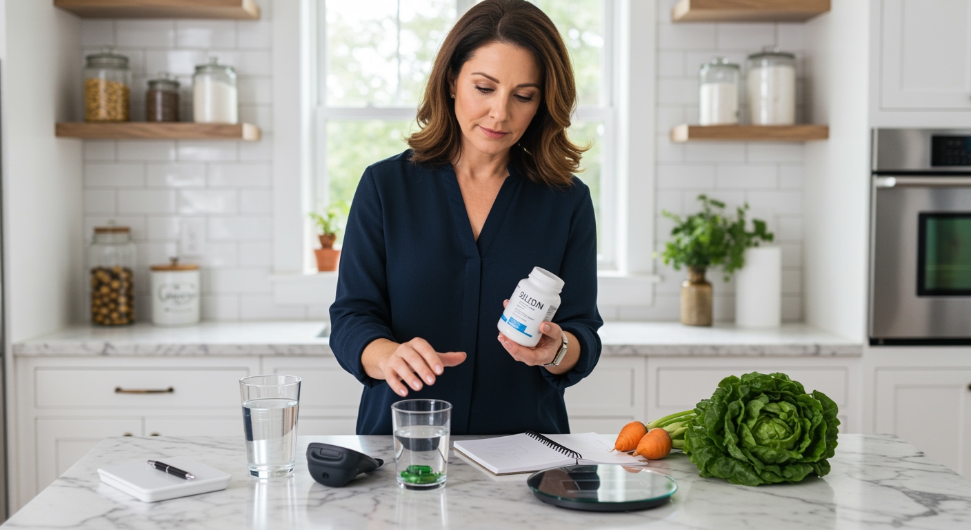 Woman examining silicon supplement bottle on marble countertop with blood pressure monitor and healthy foods in modern kitchen