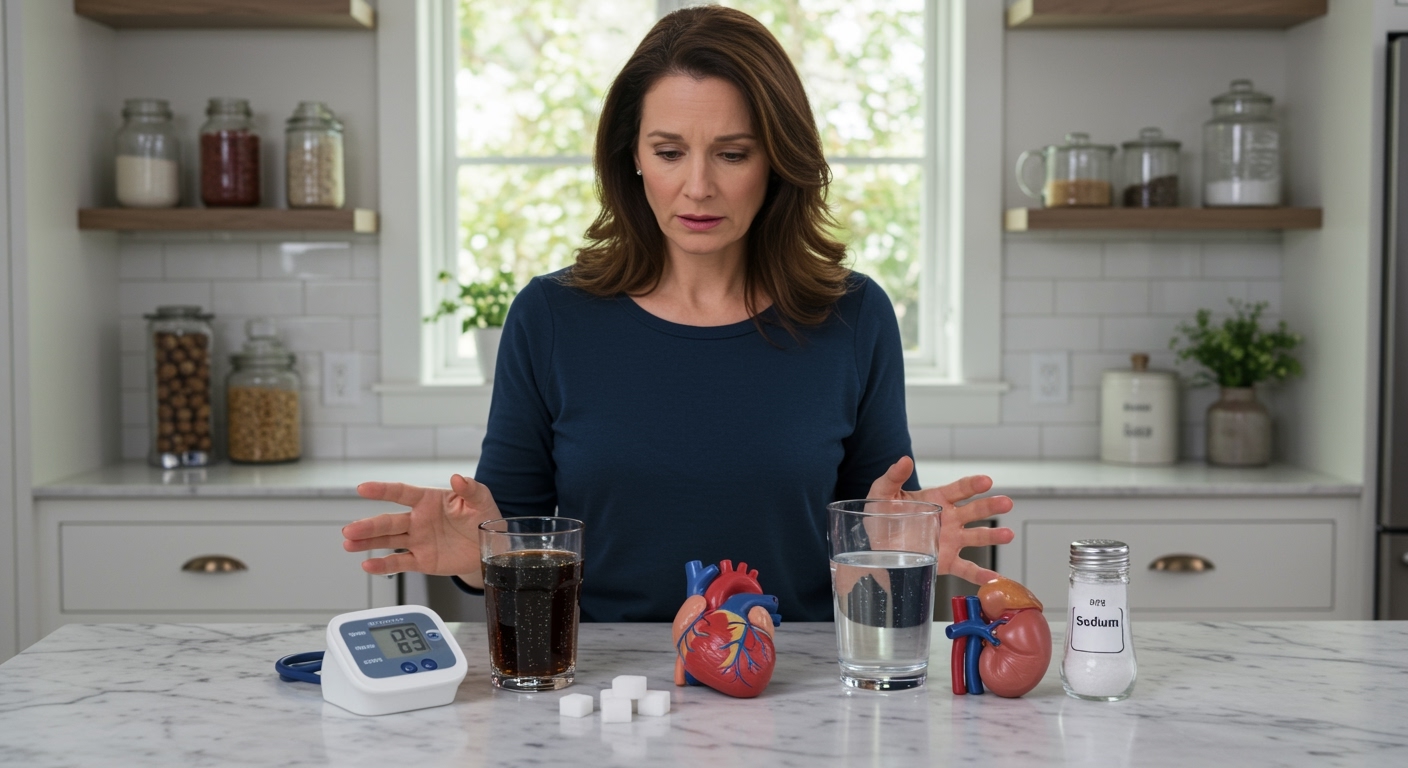 Woman standing behind marble counter looking at soda glass, blood pressure monitor, heart model, and health-related objects in bright kitchen