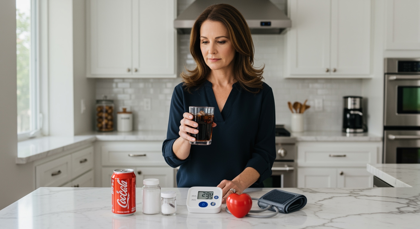 Woman holding cola glass next to blood pressure monitor on marble counter with heart model and health items in bright kitchen