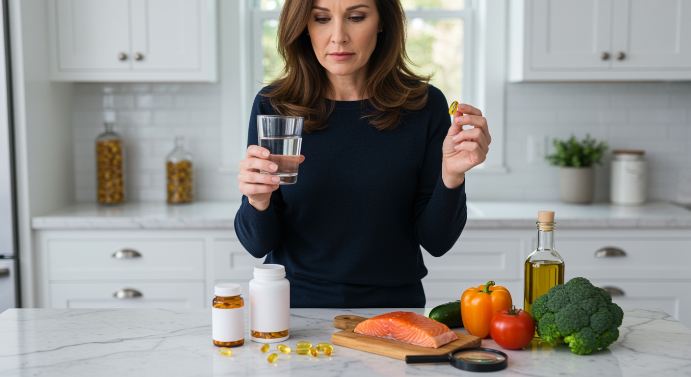 Woman holding softgel capsule and water glass with supplements and healthy foods arranged on marble countertop in modern kitchen