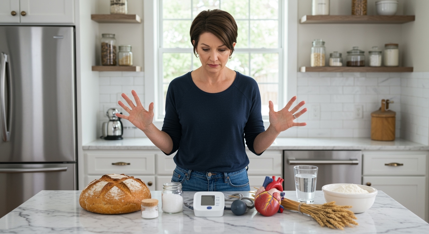 Woman standing behind marble counter examining sourdough bread alongside blood pressure monitor, salt jar, heart model, and wheat