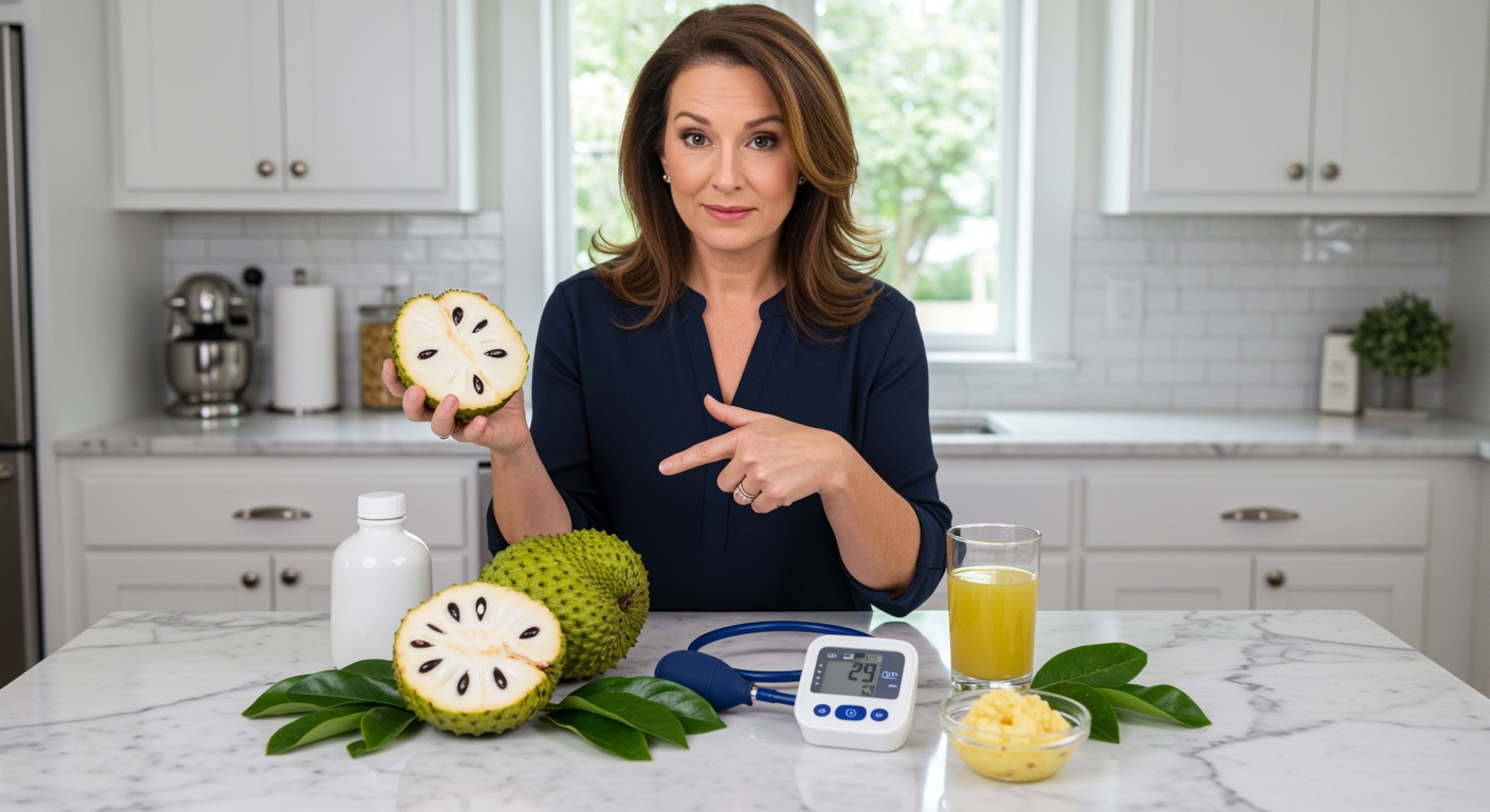 Woman holding soursop fruit behind marble counter with blood pressure monitor and medical equipment in modern kitchen