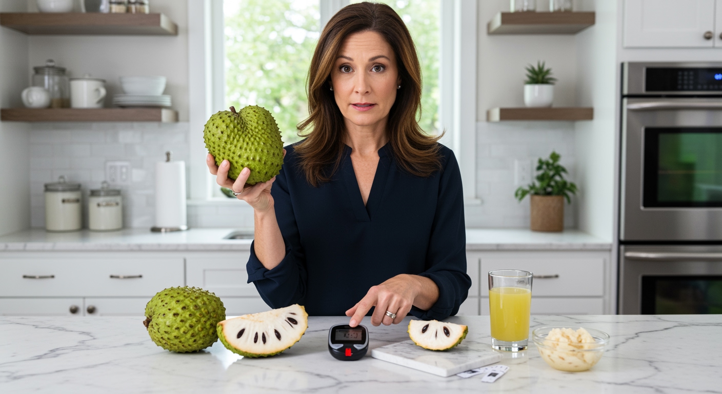 Woman holding soursop fruit standing behind marble counter with blood glucose meter and diabetes testing supplies visible