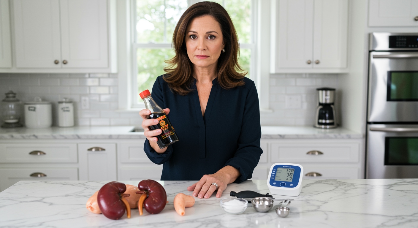 Middle-aged woman holding soy sauce bottle behind kitchen counter with kidney models and blood pressure monitor visible