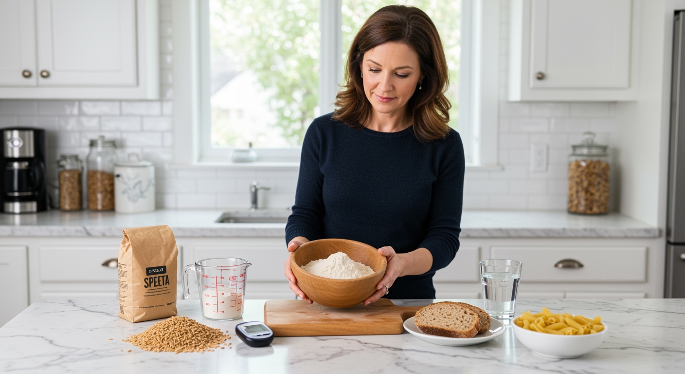 Middle-aged woman examining spelt flour in wooden bowl with diabetes-related items on white marble countertop in modern kitchen