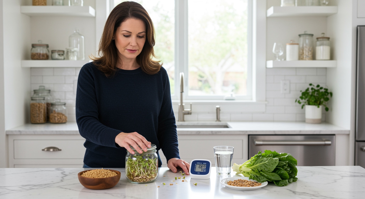 Woman touching jar of spelt sprouts on marble counter with blood pressure monitor and healthy foods in modern kitchen