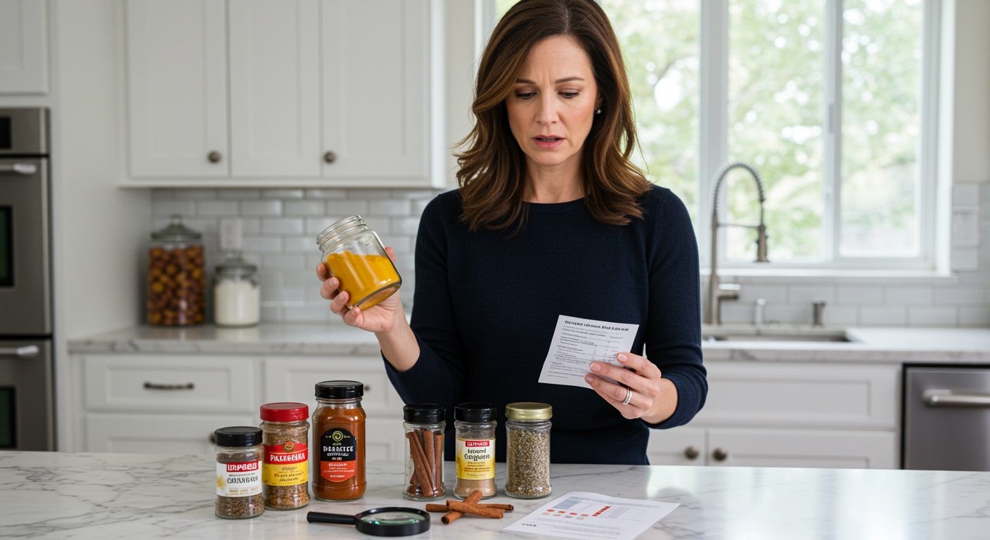 Woman holding turmeric jar while reading contamination report with various spice containers on marble countertop