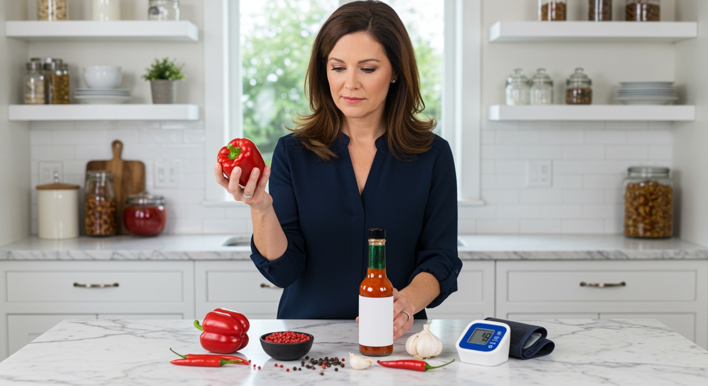 Woman holding red pepper behind marble counter with spicy ingredients and blood pressure monitor in modern kitchen