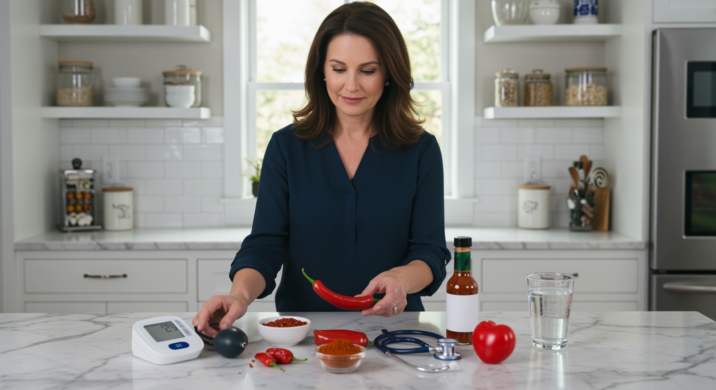 Woman holding chili pepper behind marble counter with blood pressure monitor and spicy foods in modern kitchen setting