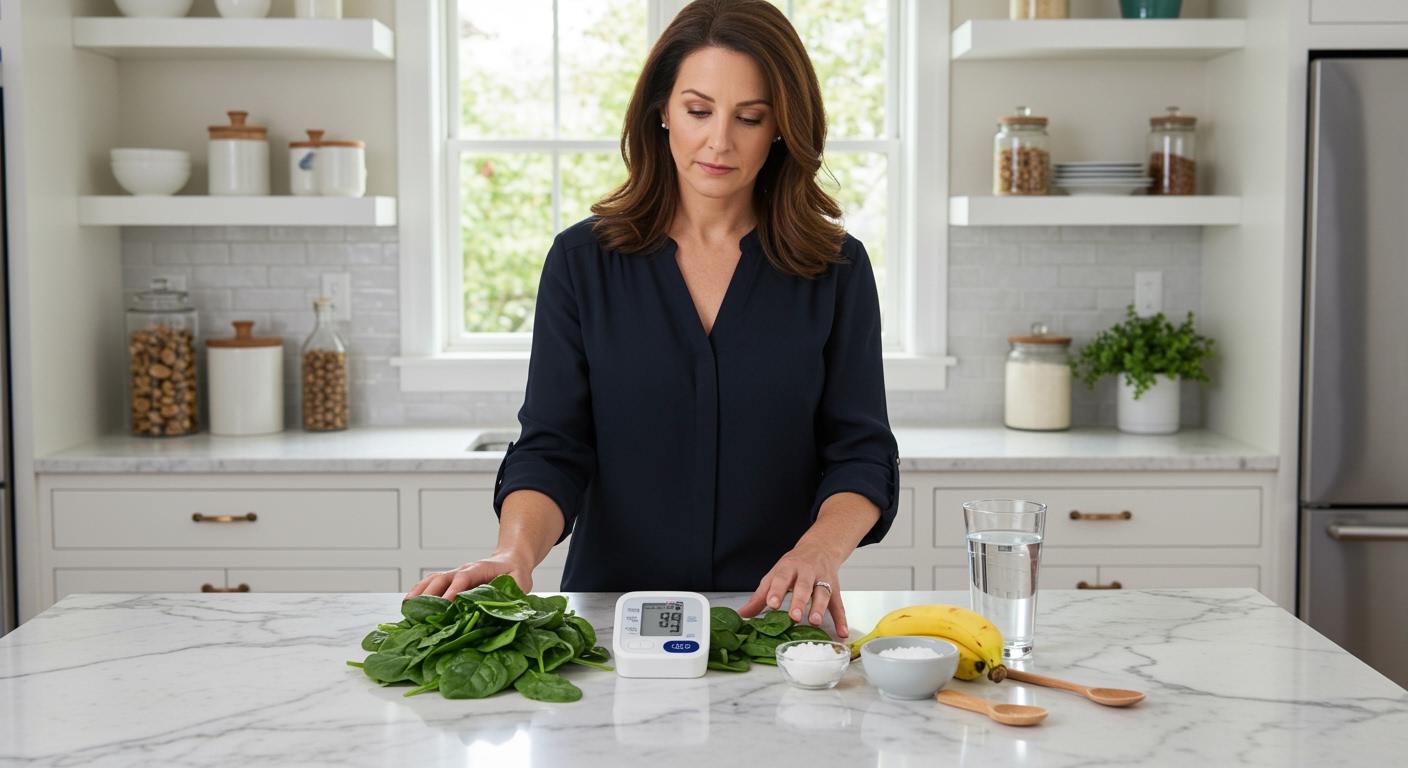 Middle-aged woman standing behind marble counter with spinach leaves, blood pressure monitor, and health items in modern kitchen