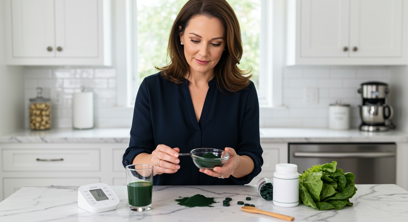 Middle-aged woman holding glass bowl of spirulina powder with blood pressure monitor and health supplements on marble counter