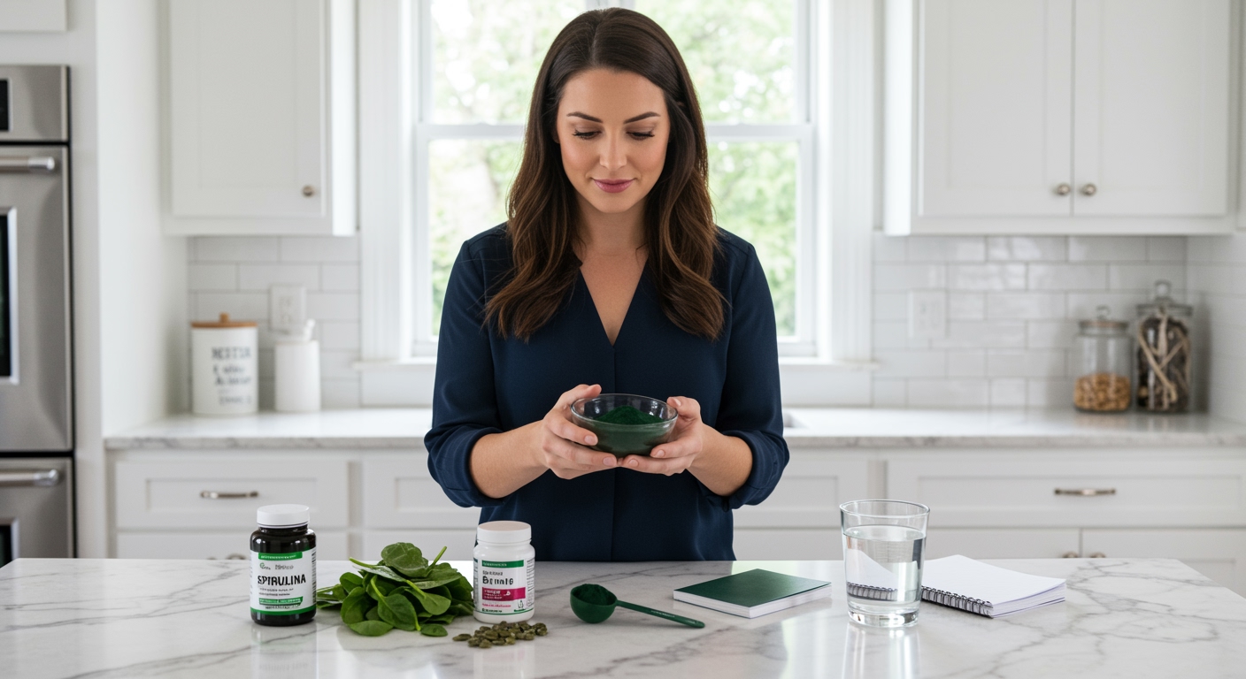 Woman holding glass bowl with spirulina powder examining it in bright modern kitchen with supplements and healthy foods on marble counter