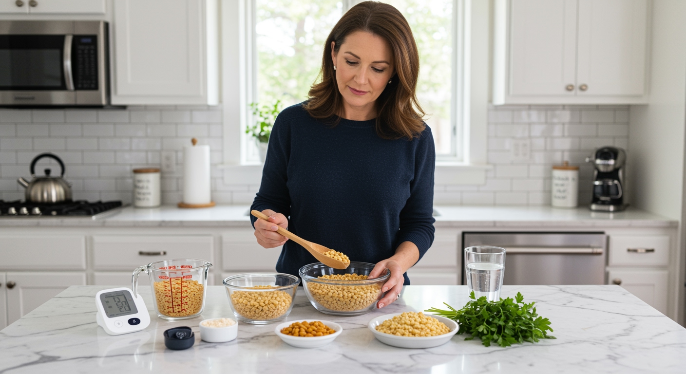 Woman examining split peas in glass bowl on marble counter with blood pressure monitor and health items in bright kitchen