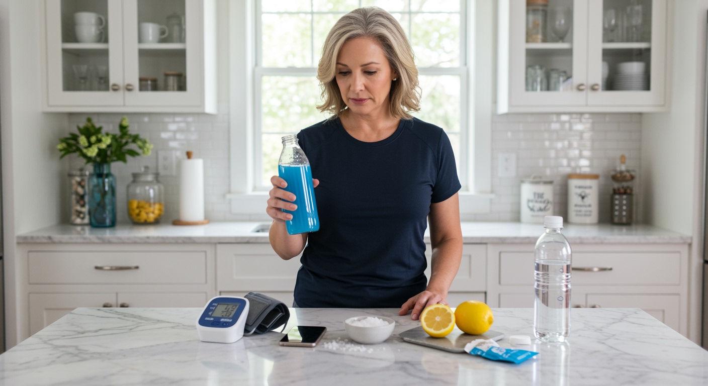 Woman holding sports drink bottle standing behind marble counter with blood pressure monitor and health items in bright kitchen