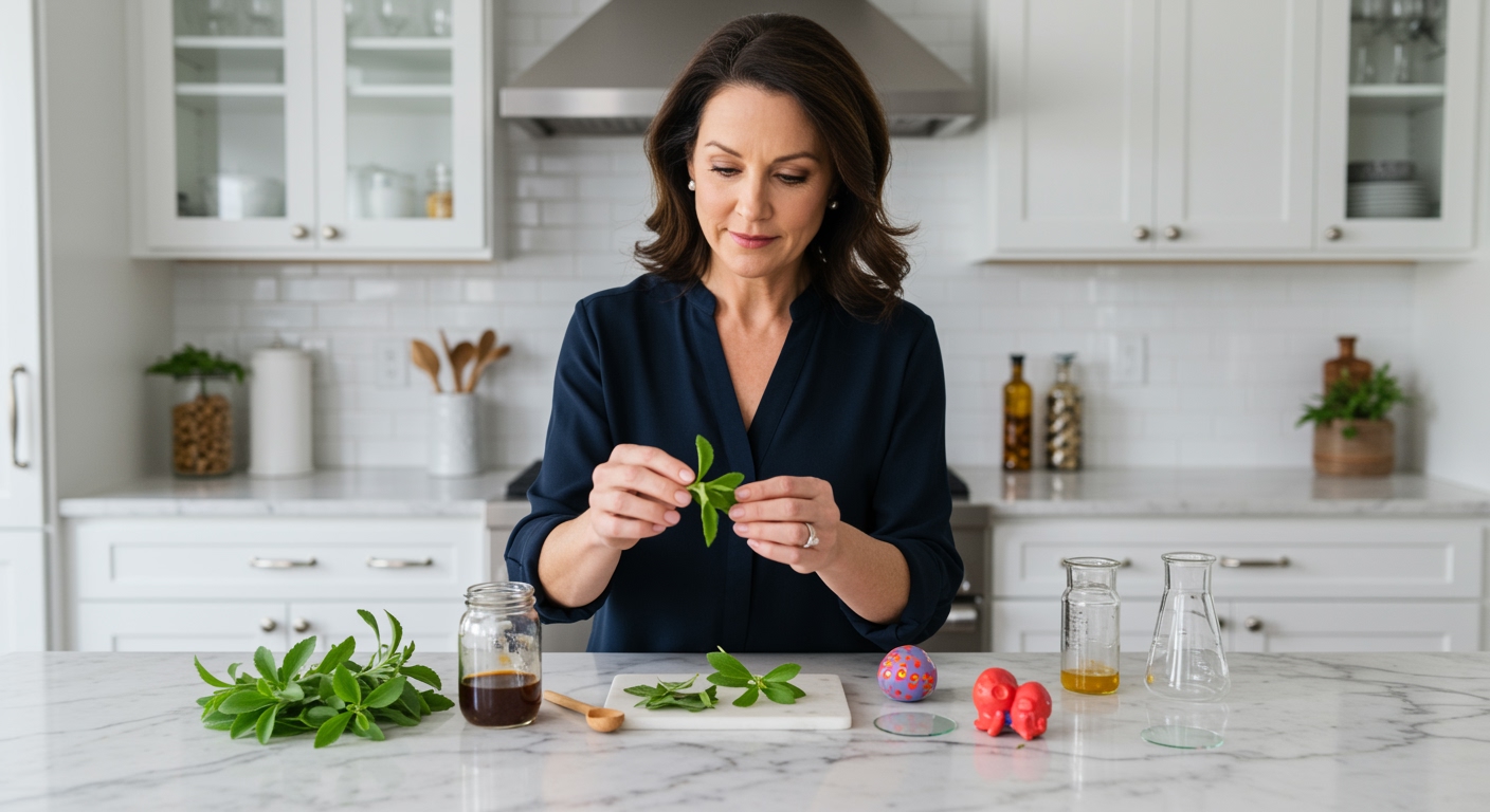 Woman holding green stevia leaves at kitchen counter with laboratory equipment and cell models arranged on marble surface