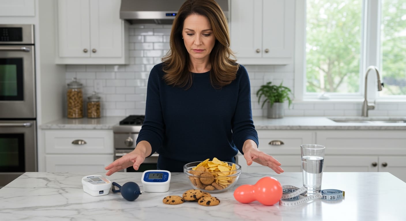 Middle-aged woman standing behind marble counter examining blood pressure monitor and comfort foods in bright modern kitchen