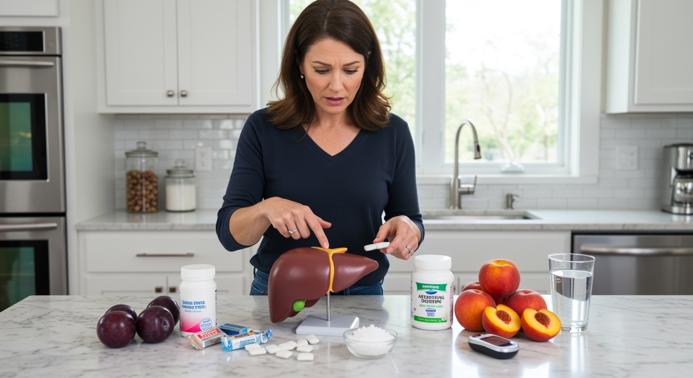 Woman holding sugar-free candy wrapper while pointing at liver model on marble counter with artificial sweeteners and fruits