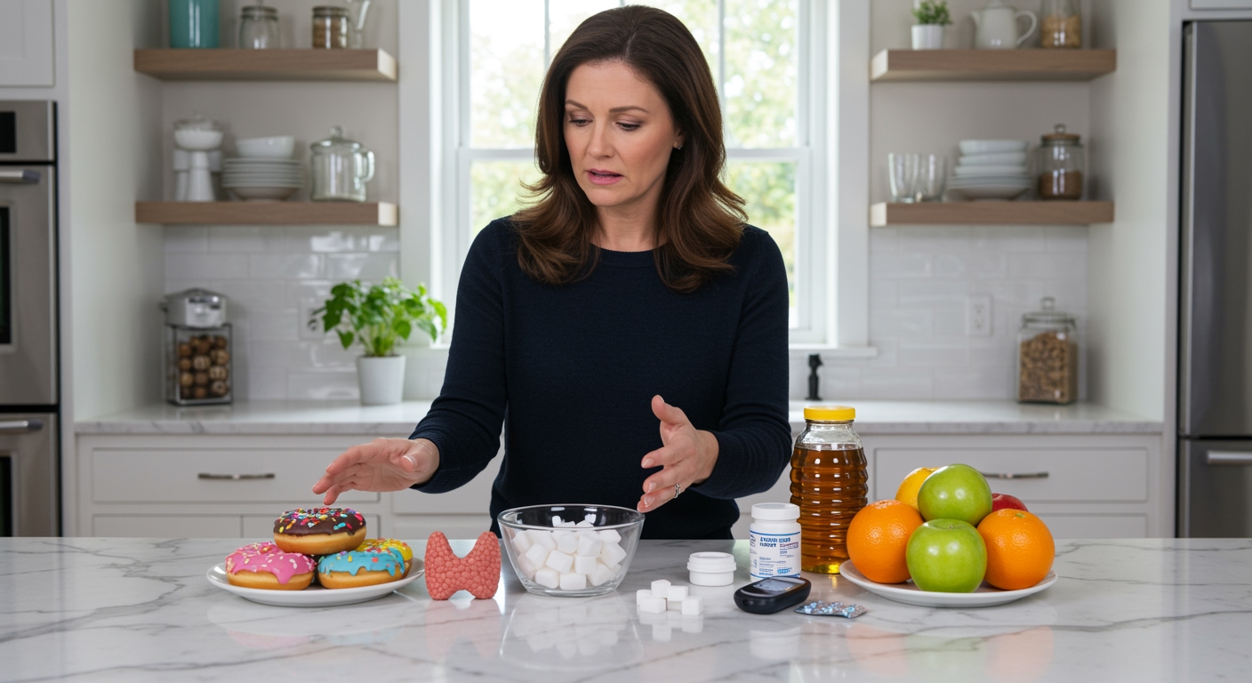 Woman standing behind marble counter with thyroid model, sugar bowl, sweets, and health monitoring tools in bright modern kitchen