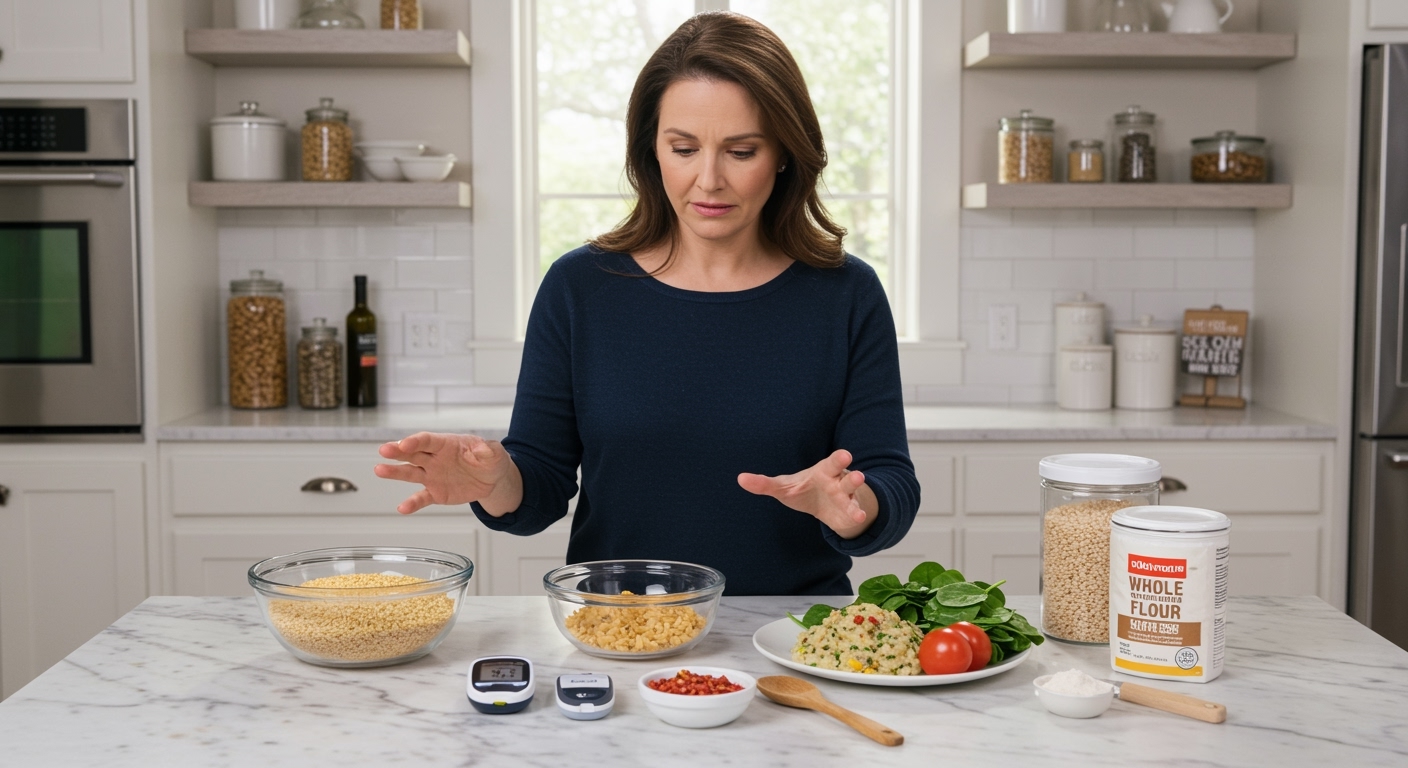 Middle-aged woman standing behind marble counter examining glucose meter with bowl of suji grains and diabetic-friendly foods