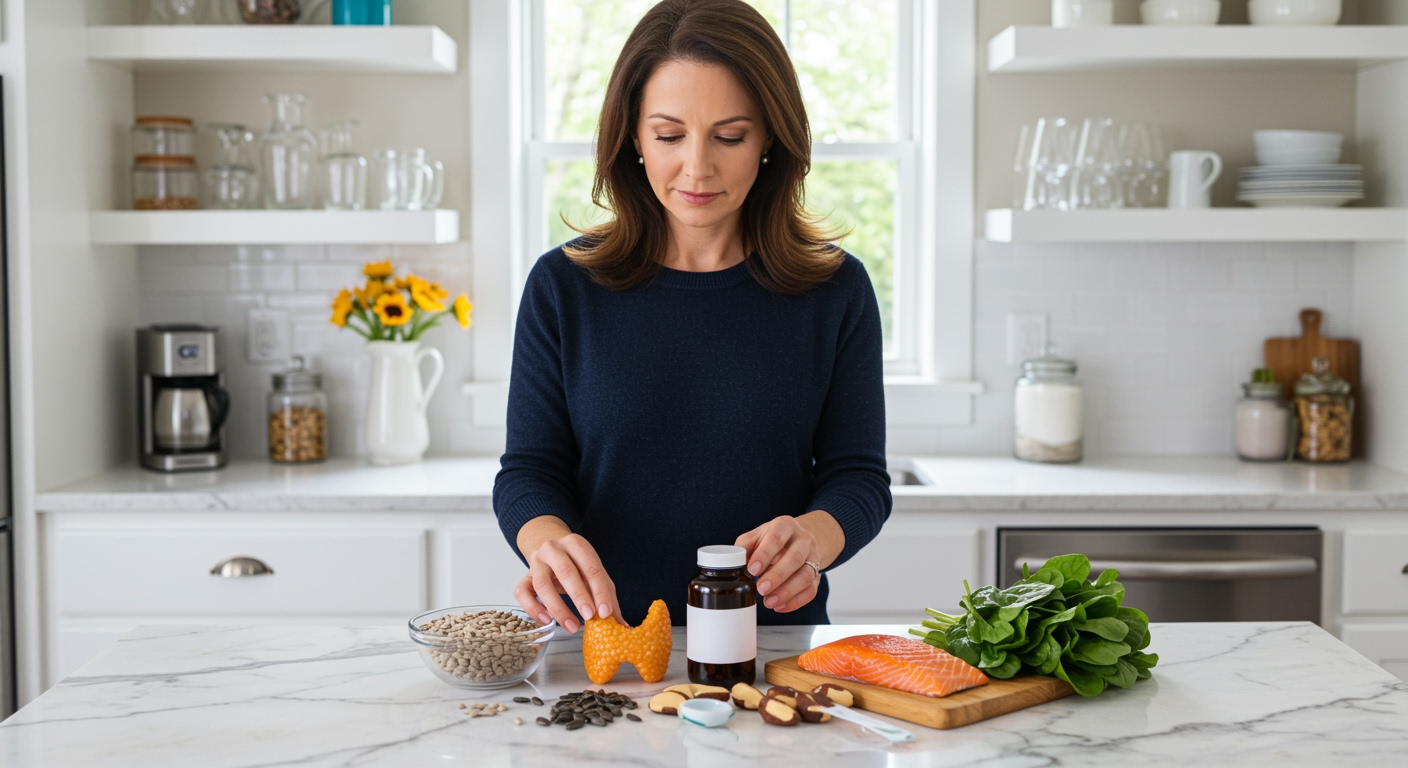 Woman arranging sunflower seeds and thyroid-supporting foods on marble countertop in bright modern kitchen setting