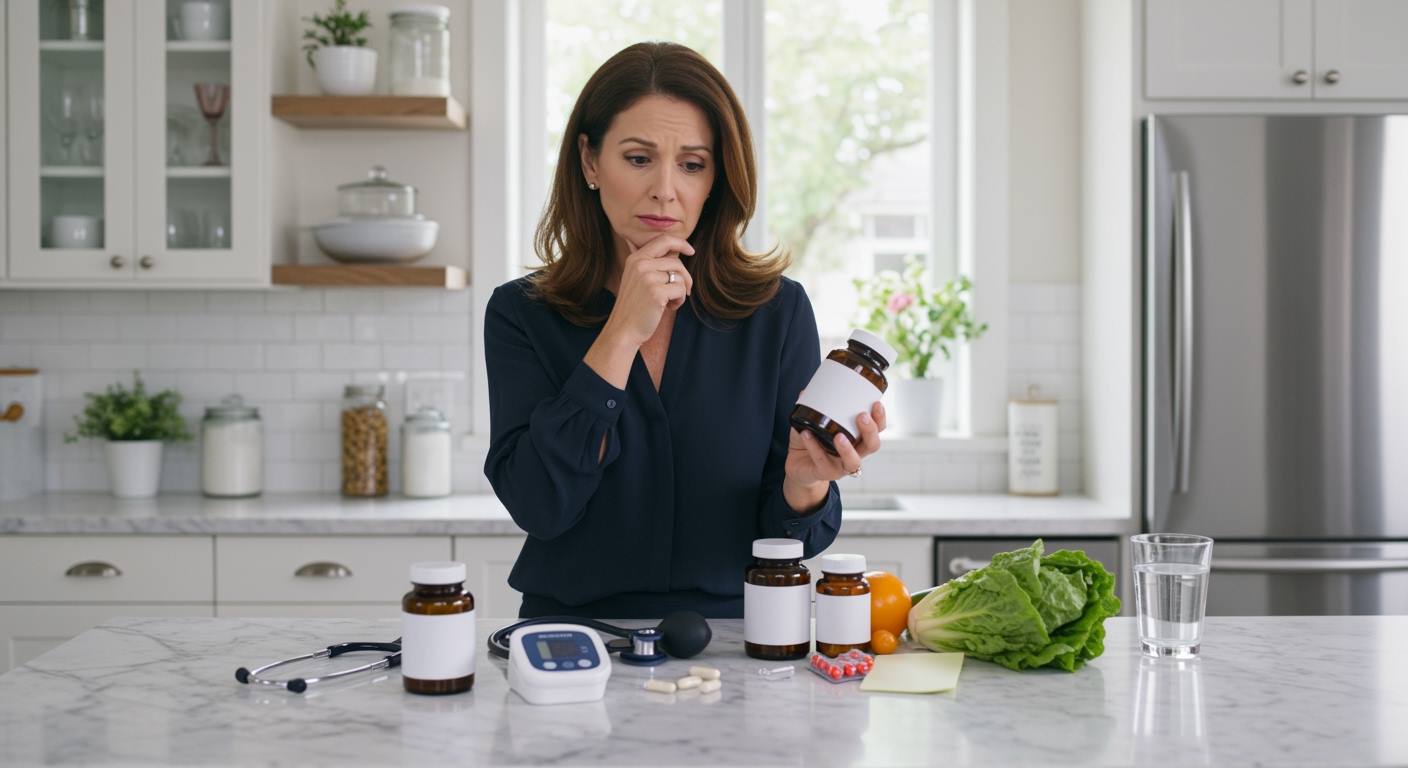 Middle-aged woman examining supplement bottles and health monitoring equipment on marble countertop in bright modern kitchen