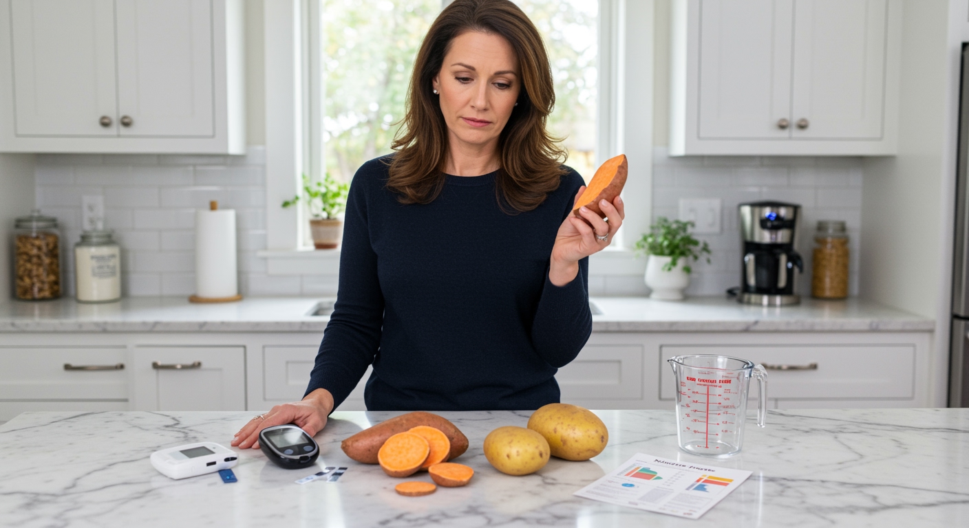 Woman holding sweet potato behind kitchen counter with glucose meter and diabetes testing supplies visible on marble surface