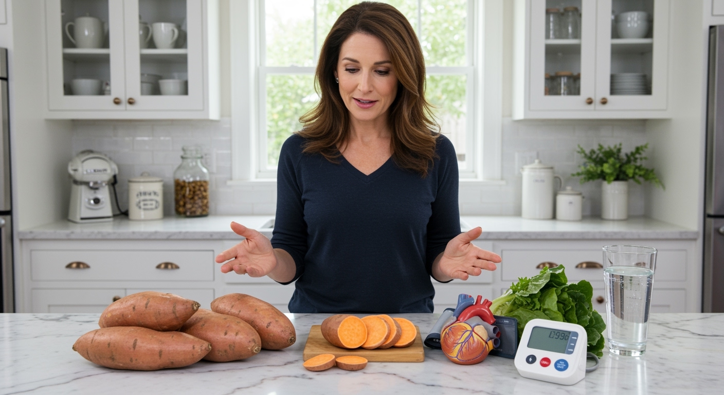 Middle-aged woman standing behind marble countertop with sweet potatoes, blood pressure monitor, heart model, and greens in bright kitchen