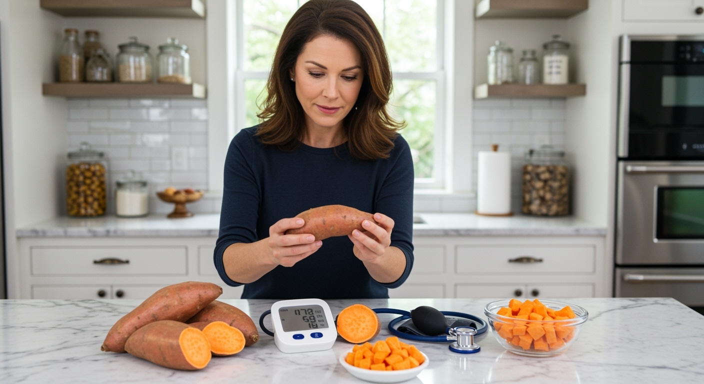 Woman holding sweet potato behind marble counter with whole and cut sweet potatoes, blood pressure monitor, and stethoscope visible