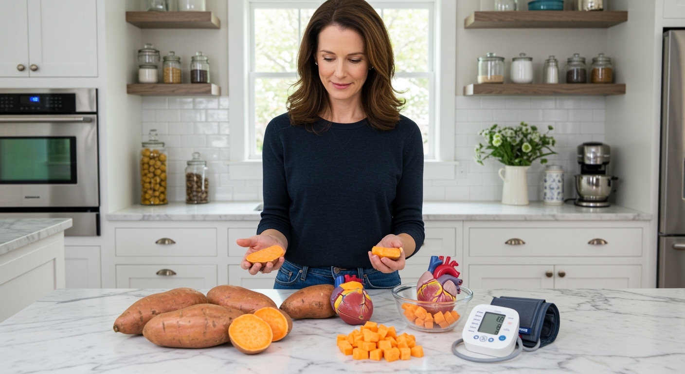Woman holding sweet potato behind marble counter with whole and sliced sweet potatoes, heart model, and blood pressure cuff visible