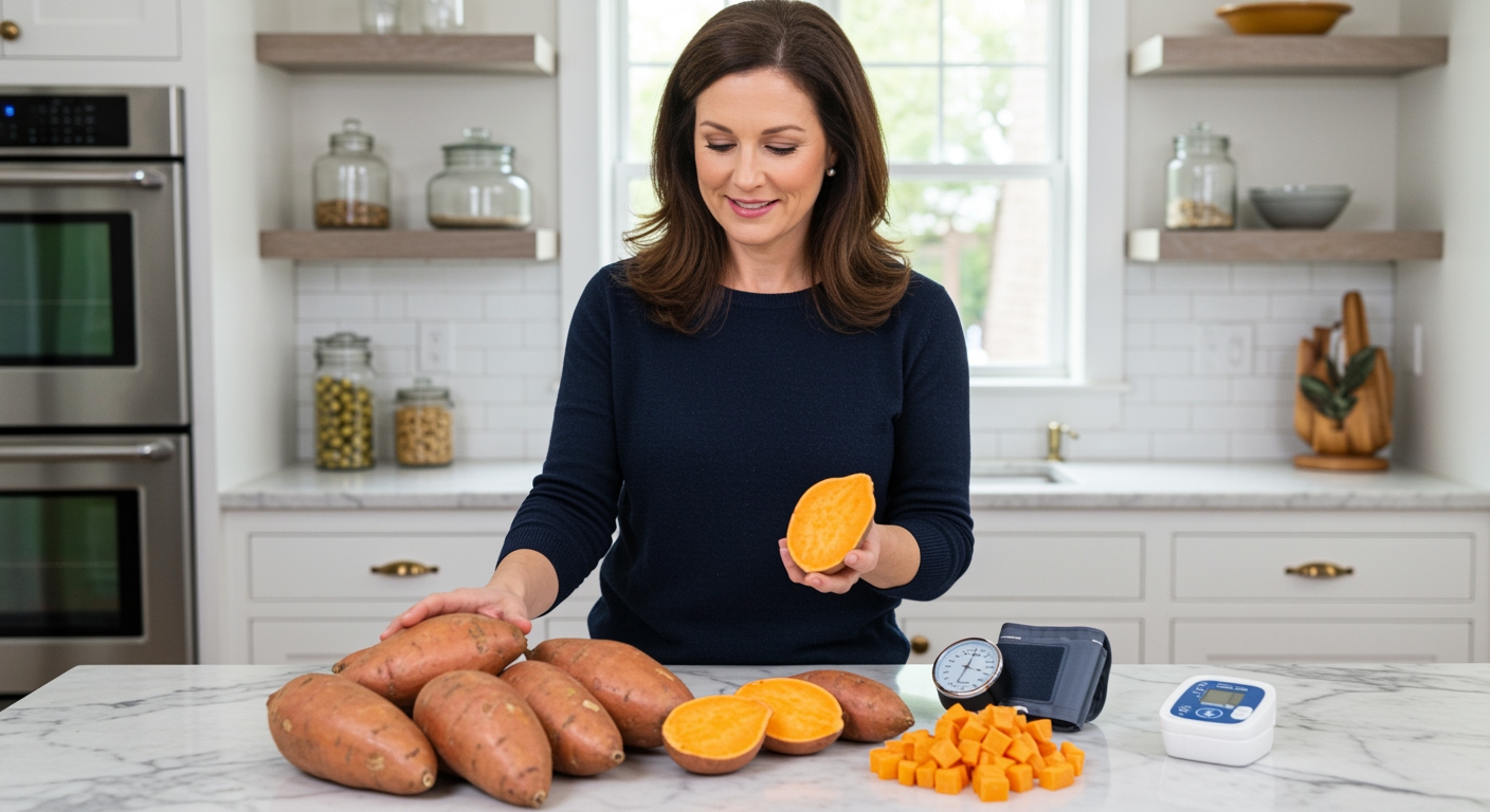 Middle-aged woman holding sweet potato behind marble counter with blood pressure monitor and cut sweet potatoes visible