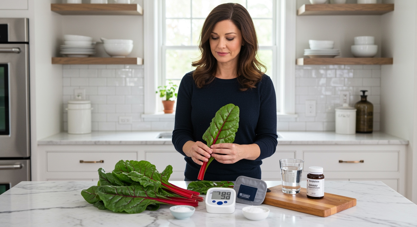 Woman holding Swiss chard leaf with blood pressure monitor and supplements on white marble countertop in bright kitchen