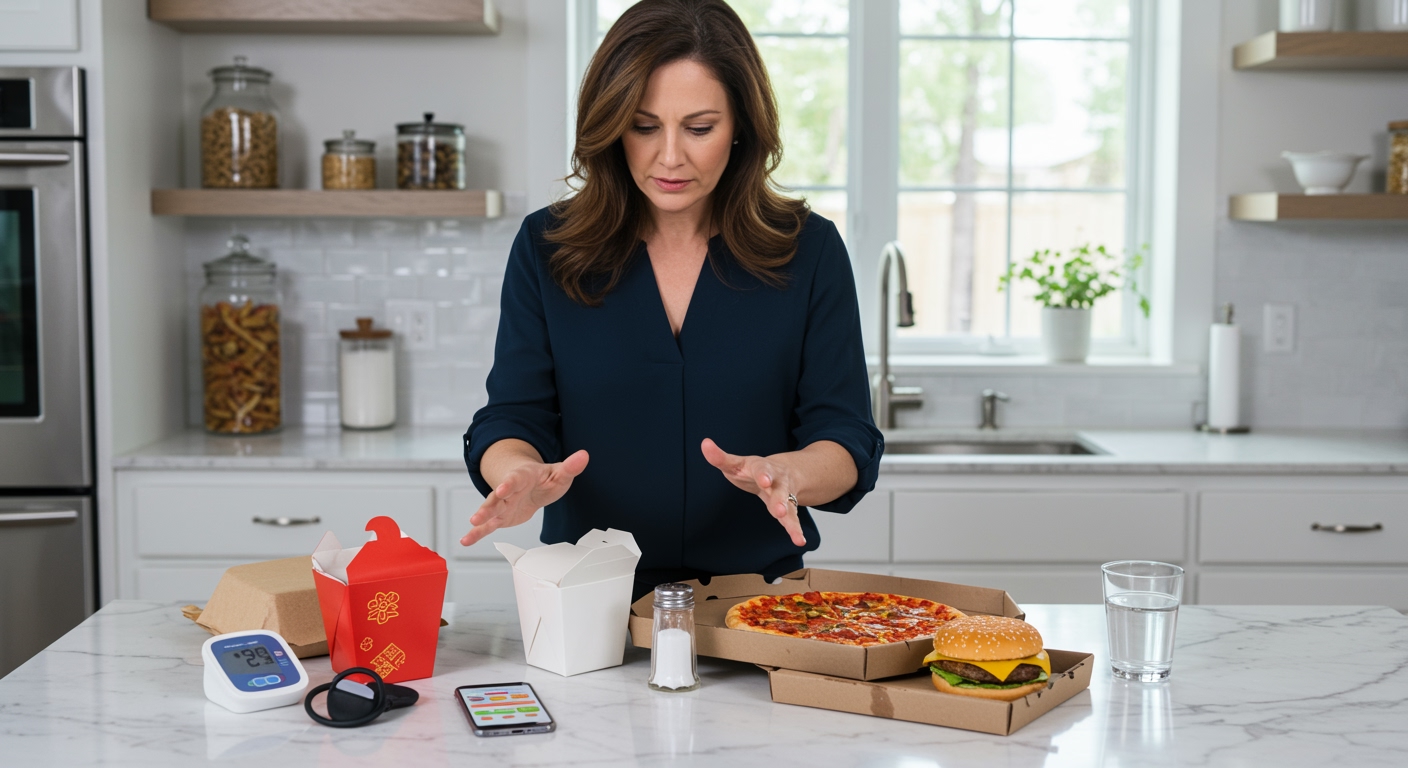 Middle-aged woman standing behind marble counter examining takeout containers with blood pressure monitor and smartphone visible