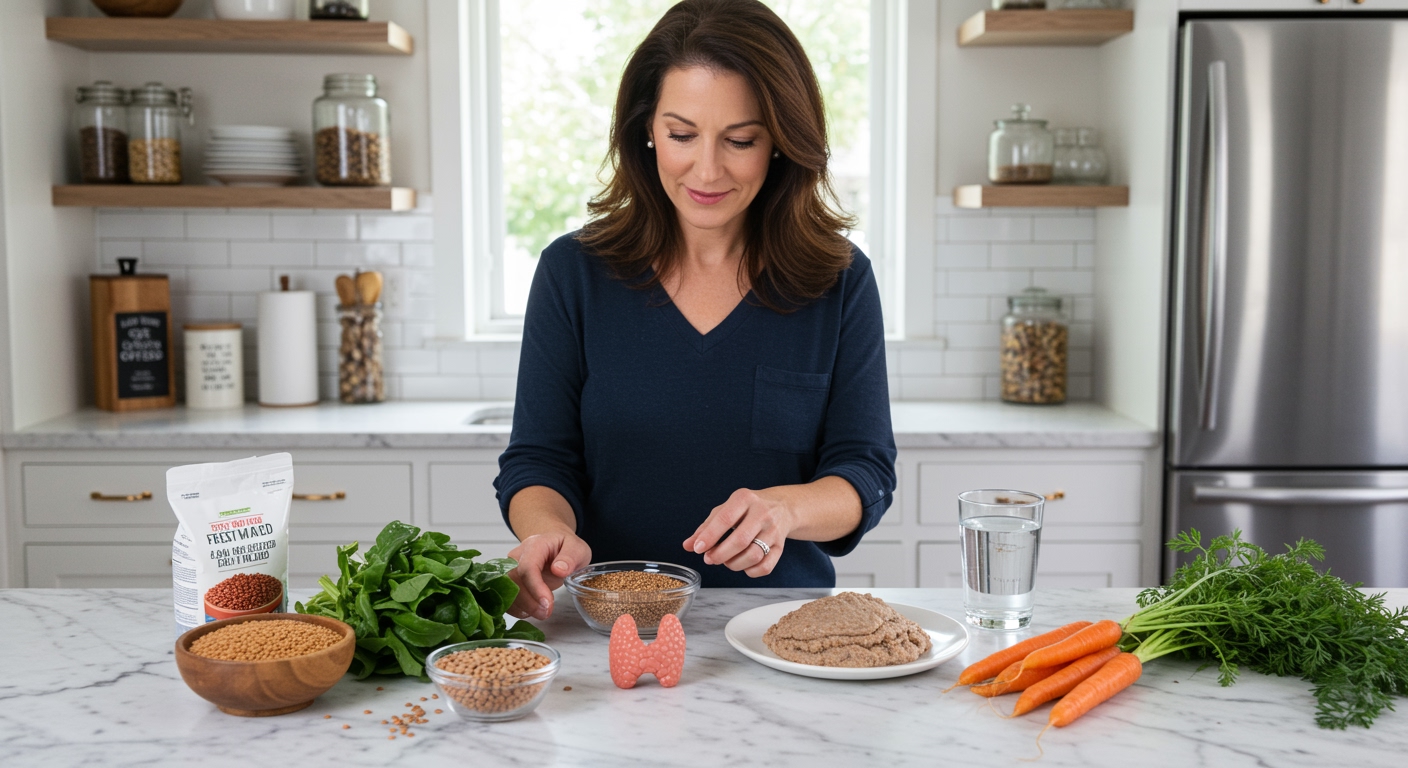 Woman touching bowl of teff grains on marble counter with thyroid model, leafy greens, lentils, and vegetables in bright kitchen.