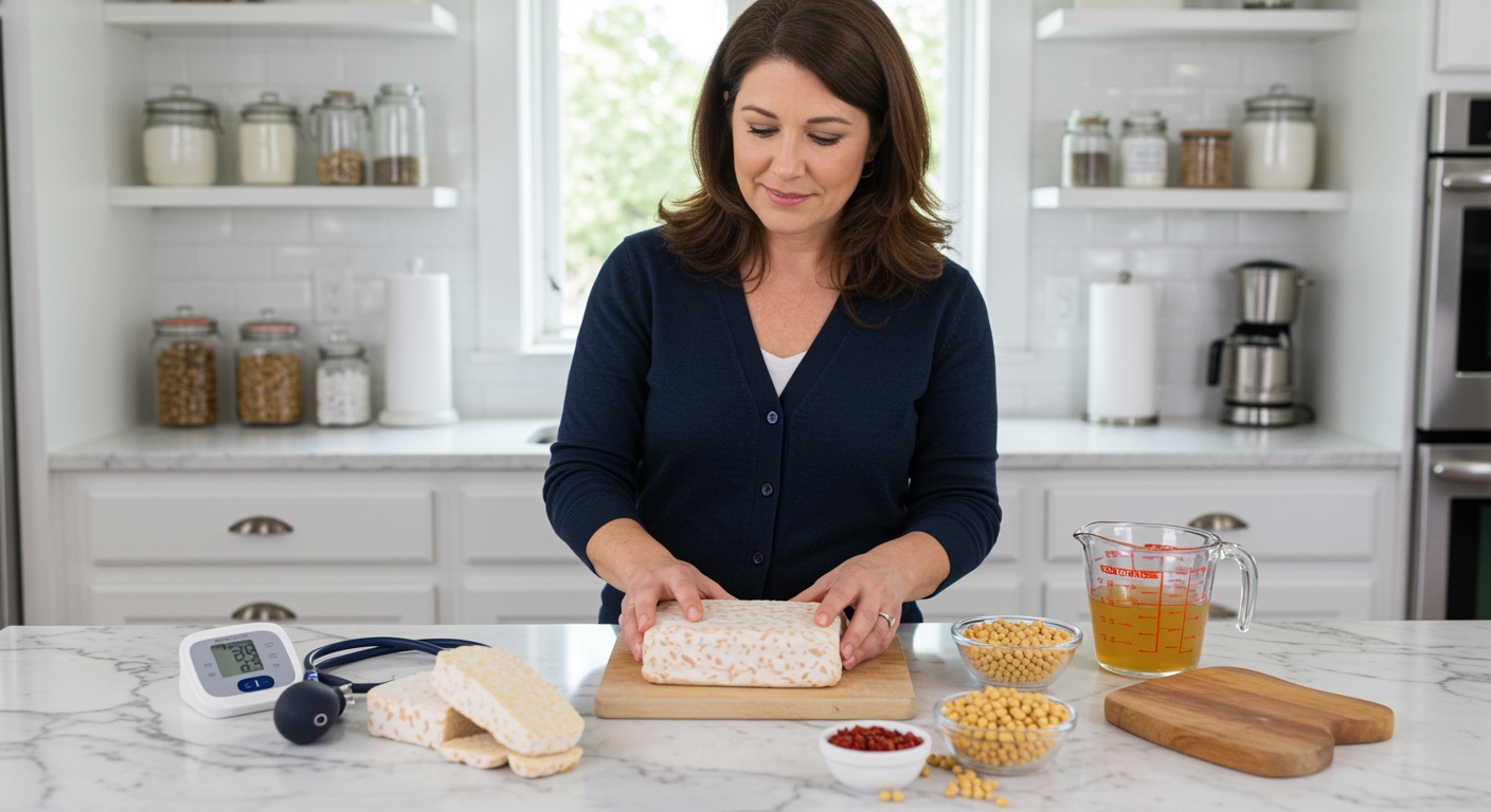 Middle-aged woman examining tempeh block with both hands on marble countertop with blood pressure monitor and health items visible